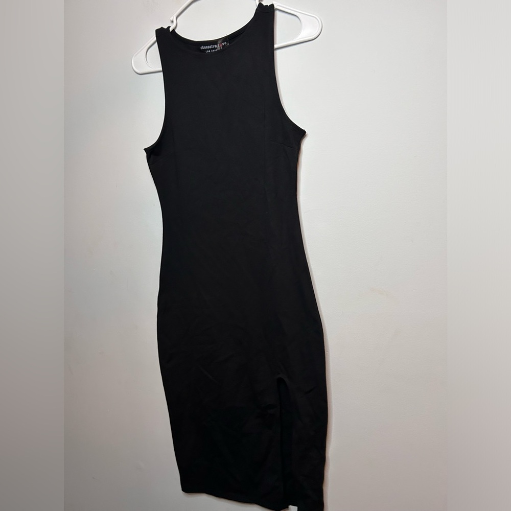 Black bodycon front slit dress NWT